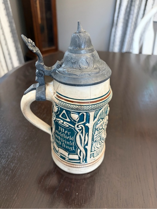 Other - Reinhold Merkelbach Vintage Ceramic Beer Stein with Pewter Lid - Blue and Cream